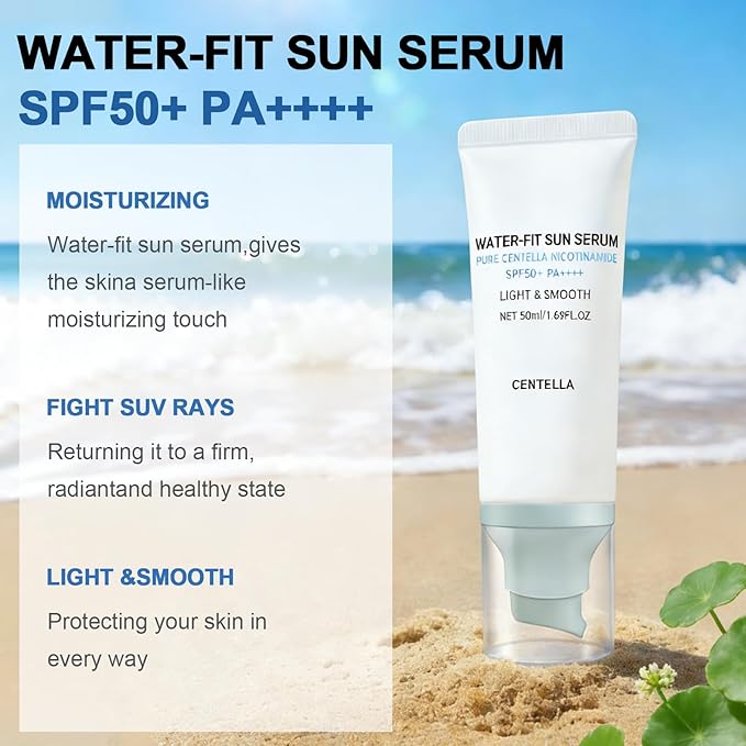 Centella Sunscreen, SPF 50, Hyalu Cica Water-Fit Sun Serum, Lightweight Sunscreen with Plant Extract, Long Lasting Protection and UV Defens, No White Cast, Hydrating and Non-Greasy