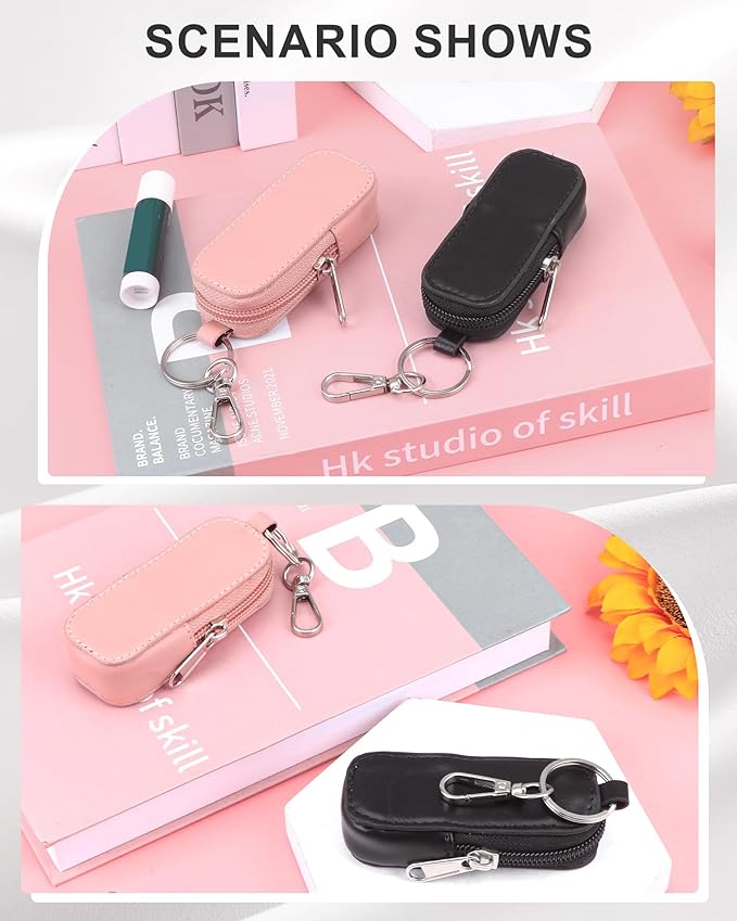 Lip Balm Holder Chapstick Holder Keychain Fashion Pu Leather Lipstick Pouch Lip Gloss Holder With Hook (Black)