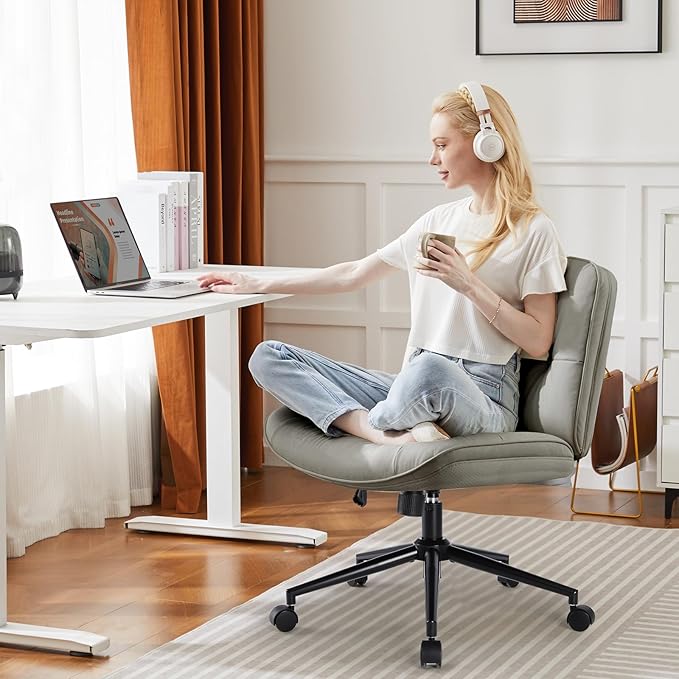 OLIXIS Criss Cross Chair with Wheels, Armless Wide Cross Legged Vanity Office Desk Chair with Comfy PU Leather& Back - Swivel for Home Office Bedroom, Gray