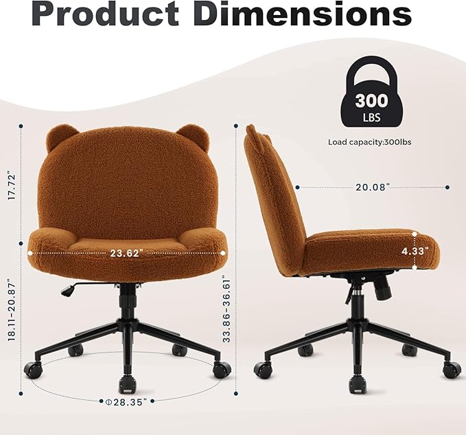 IWMH Armless Office Desk Chair with Wheels,Ergonomic Criss Cross Legged Computer Chair with Fabric Padded, Height Adjustable Wide Seat Vanity Chair,Mid Back Task Chair for Home, Bedroom (Brown)