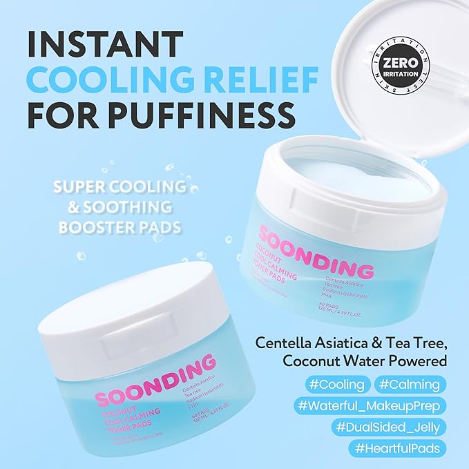 Coconut Cool Calming Toner Pads | Menthol-Free Cooling, Exfoliating & Soothing with Centella, Tea Tree & PHA | Dual-Texture 60 Pads | for All Skin Types | Korean Skin Care