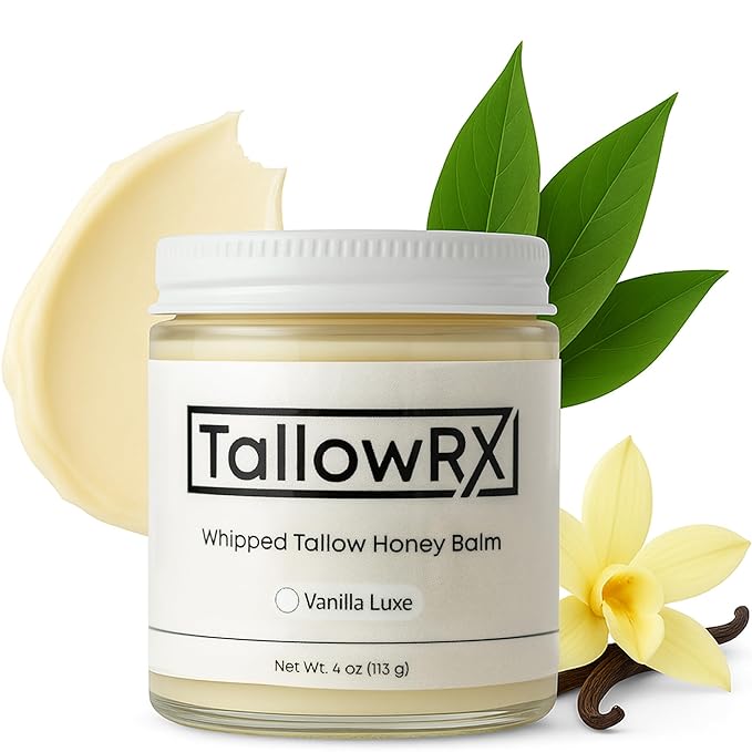 100% Grass-Fed Beef Tallow for Skin – Whipped Tallow Honey Balm, Pure & Organic Moisturizer for Face & Body with Manuka Honey, Jojoba & Calendula – Deep Hydration & Soothing (4 oz, Vanilla Scented)