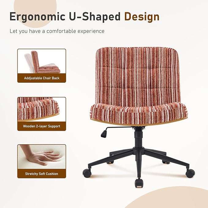 Furnimart Heavy-Duty Curved FSC Wood Desk Chair 360° Swivel, Premium Chenille Criss Cross Chair with Wheels Wide Seat, Comfy Armless Cross Legged Sitting for Bedroom, Office, Vanity(Dark Brown)