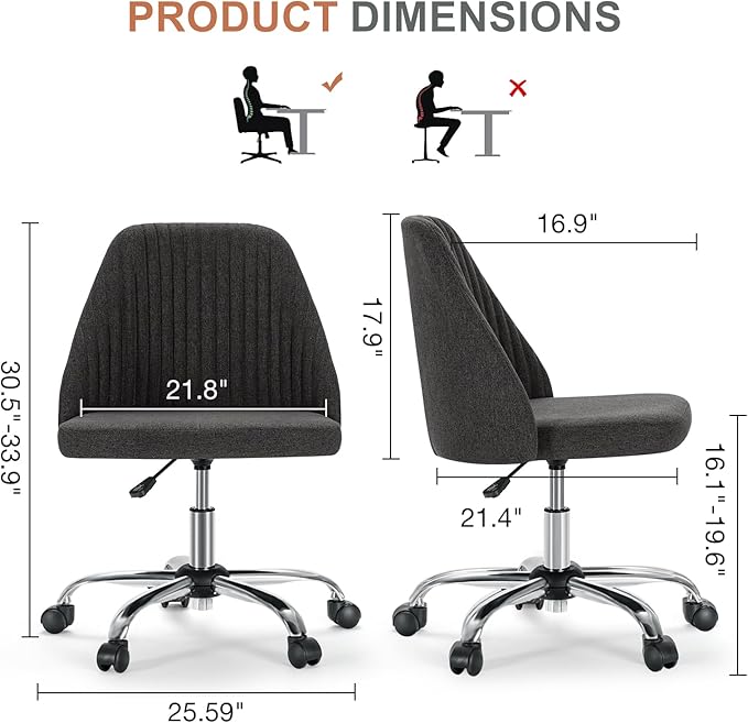 DUMOS Office Chair, Comfy Desk Chair Rolling Vanity Swivel Task Chairs with Wheels, Wide Seating Armless Height Adjustable Computer Chairs for Home,Bedroom,Student,Adults, Graphite