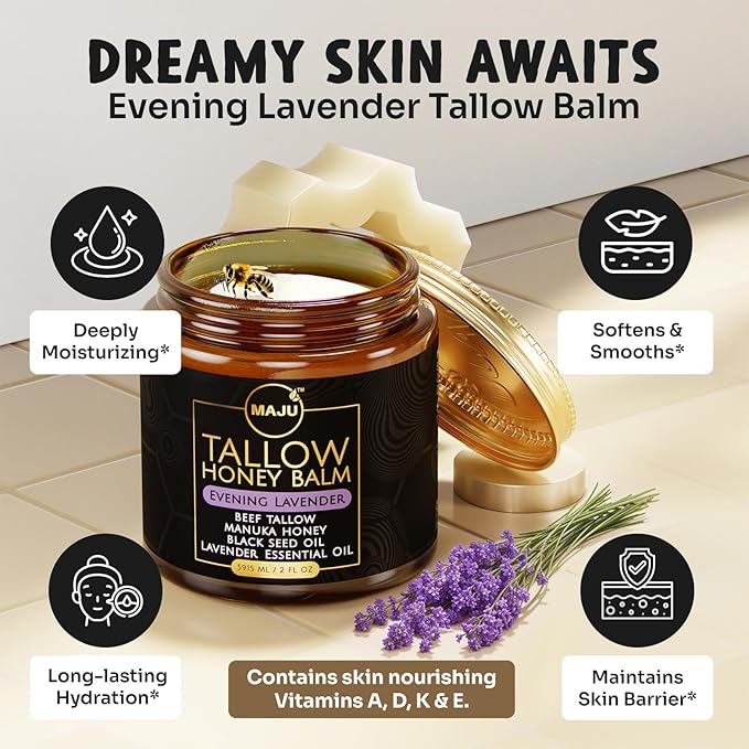 MAJU Tallow Honey Balm, Evening Lavender (2 oz), Grass Fed Beef Tallow for Skin with Organic Black Seed Oil, Manuka Honey and Organic Beeswax, Skin and Face Moisturizer for Deep Hydration