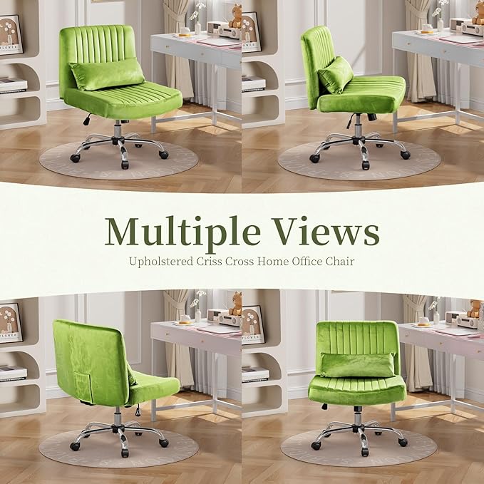 Warmiehomy Velvet Cross Legged Office Chair, Comfy Desk Chair for Home Office, Criss Cross Chair with Wheels, Height Adjustable Vanity Chair, Swivel Wide Seat Computer Chair Gift, Light Green