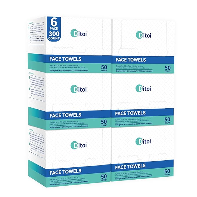 Ditoi Disposable Face Towels XL, Soft Cotton Facial Cleansing Cloths, Dry Face Towelettes for Makeup Removal, Sensitive Skin & Daily Skin Care, 300 Count (6 Pack)