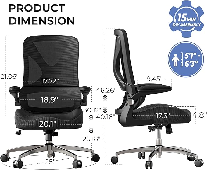 Ergonomic Office Chair Mid Back with Integrated Lumbar Support, Adjustable Height, Thick Memory Foam Seat, Rocking Function, 90° Flip-up Armrests – Comfortable Desk Chair for Home Office