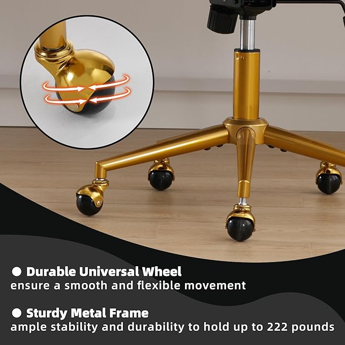 Westice Home Office Desk Chairs, Modern Velvet Rolling Chair, Height Adjustable Swivel Vanity Chair with Golden Base, Ergonomic Chair for Study, Living Bedroom Computer Room, Black