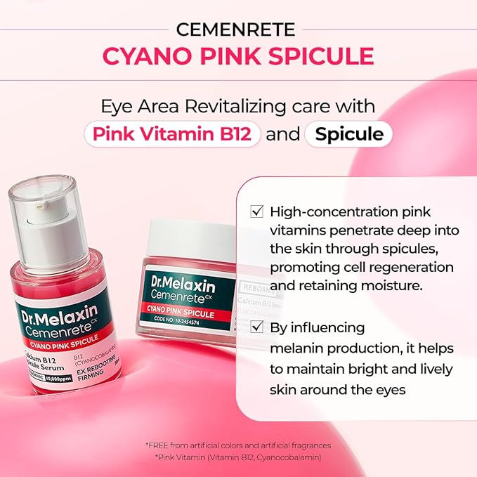 Dr.Melaxin Cemenrete Cyano Pink Spicule Cream with Calcium, Vitamin B12 for under eyes skin, Dark Circles, Fine Lines, Puffiness&Eye Bags Cream, 1.69 fl. oz.