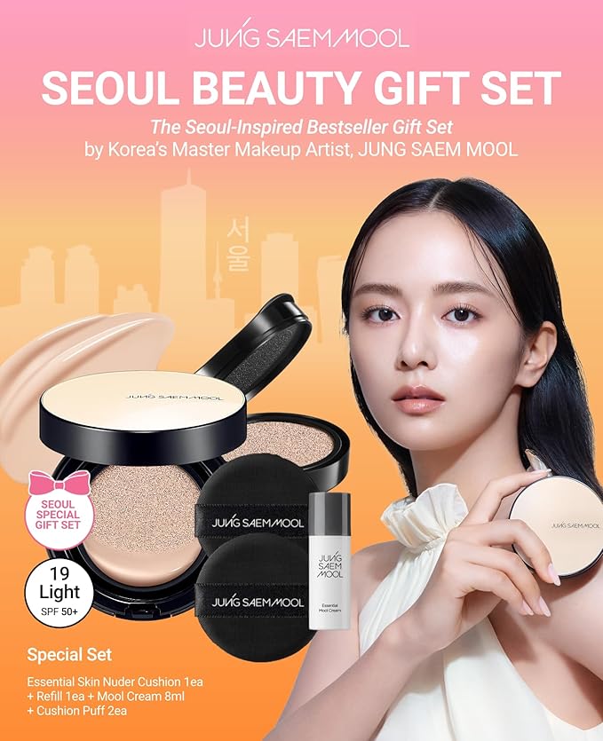 JUNG SAEM MOOL Essential Skin Nuder Cushion | Natural Finish, Buildable Coverage Cushion Foundation by Korean Makeup Artist (Refill Included, SPF 50 | Gift Set with Mool Cream & Puff), 19 Light