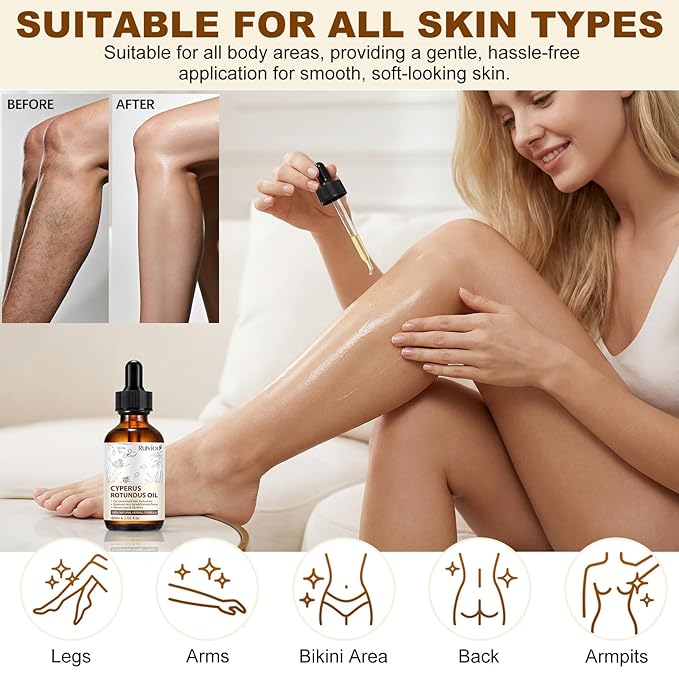 2 Pack Natural Cyperus Rotundus Oil for Hair Removal – Gentle & Effective Body Hair Growth Reducer, 4 fl.oz Bottles for All Skin Types, Non-Irritating Formula