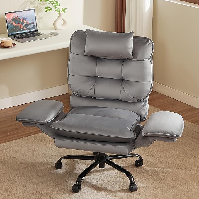 Bestier Criss Cross Chair with Flip-Up Armrests and Headrest, 135° Reclining Swivel Executive Chair with Side Pockets, Big and Tall Computer Desk Chair for Home Office Bedroom, Grey Velvet
