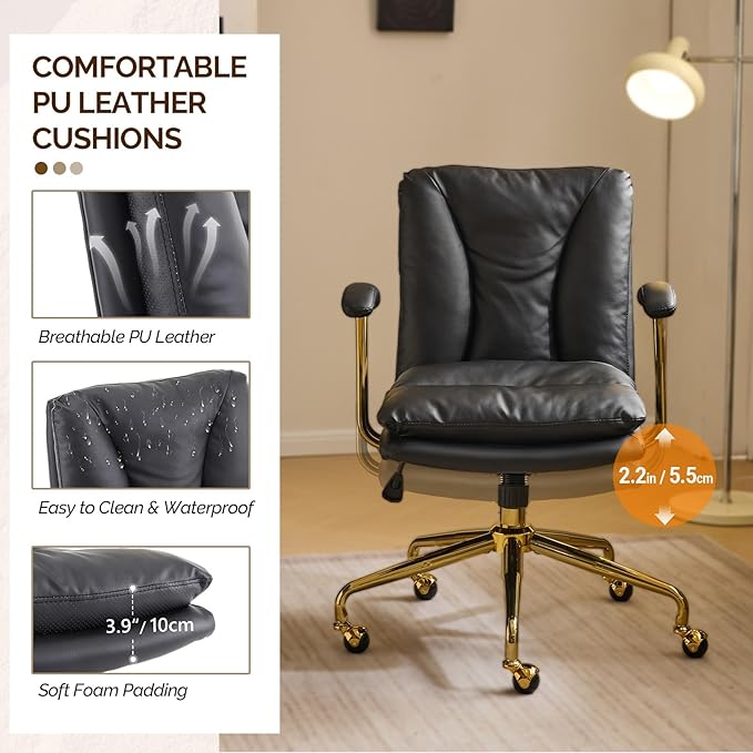 VINGLI Home Office Desk Chair Comfy with Wheels & Removable Armrests,Gold Base Vanity Chair with Back, Adjustable Rolling Swivel Computer Task Chair for Study,Makeup,Office,Bedroom,PU Leather,Black