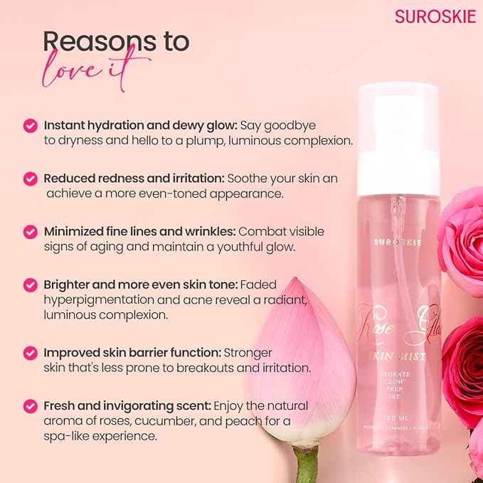 Roses Glass Skin Mist 100Ml | 2 in 1 Face Toner + Makeup Setting Spray | Rose Water for Face with Aloe Vera & Lotus | Toner for Glowing & Hydrating Skin | All Skin Types | for Men & Women