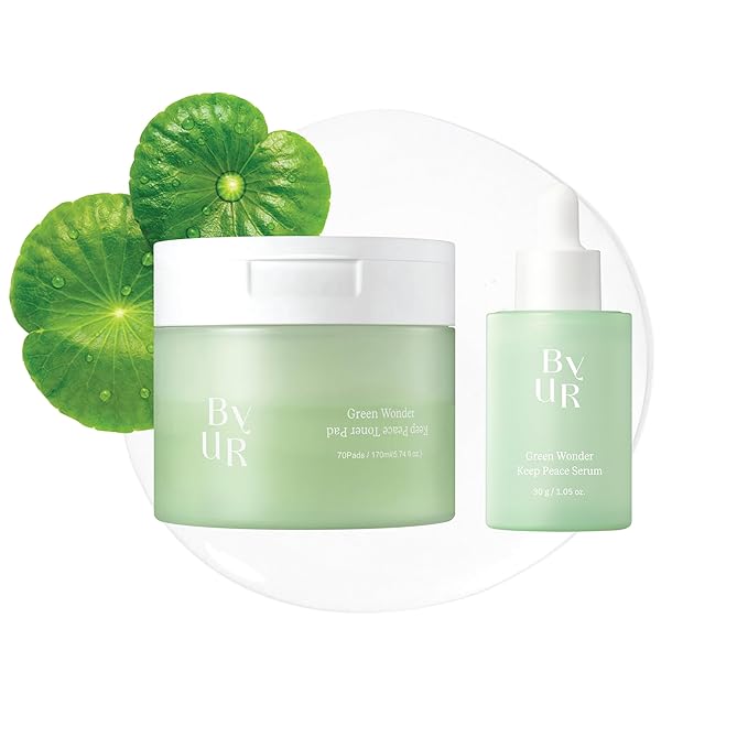 ByUR Green Wonder Keep Peace Toner Pads & Serum Duo - Gentle Exfoliation, Soothing, Oil Control, & Redness Care for Sensitive Skin, Salicylic Acid, Centella Asiatica, Facial Pore Care Korean Skincare