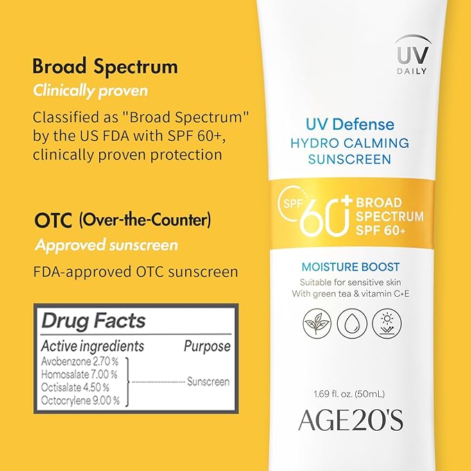 AGE20'S UV Defense Hydro Calming Sunscreen SPF 60+ | Korean Sunscreen | Moisturizing Creamy Formula, No White Cast, Lightweight Finish | Green Tea + Aloe Vera | Dermatest Excellent | 1.69 fl.oz*2 | UV Defense, Hydro Calming, Korean Sunscreen, No White ...