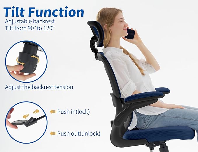 TRALT Ergonomic Office Chair - Desk Chair with Adjustable Headrest Lumbar Support Computer Chair - Mesh Comfy Chair with Flip-up Armrests - Gaming Chairs for Adults Home Office (Leather, Navy Blue)