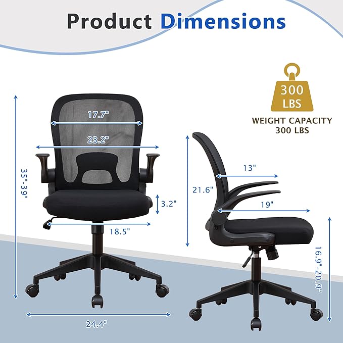 IPKIG Foldable Office Chair for Small Spaces | Home Office Folding Desk Chairs with Wheels and Flip Up Arms | Ergonomic Mesh Computer Chair for Adults & Kids Black
