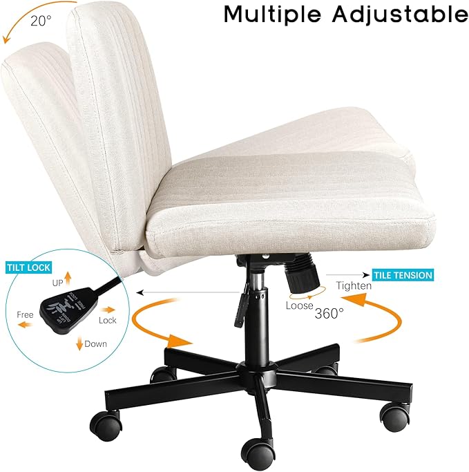 PUKAMI Criss Cross Chair,Comfy Cross Legged Office Desk Chair No Wheels,Modern Fabric Swivel Adjustable Height Mid Back Wide Seat for Home Office Computer (Beige with Wheels)