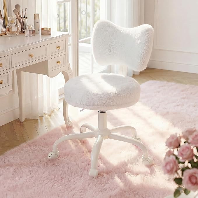 Vanity Chair with Back, Swivel Chair with Wheels & Adjustable Height, Fluffy Faux Rabbit Fur Comfy Desk Chair for Vanity, Make-up Room, Bedroom, Dorm, Cute Bow Backrest, White