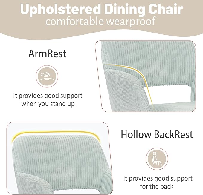 KCC Small Modern Dining Room Arm Chairs Set of 2, Mid-Century Upholstered Corduroy Fabric Side Seat Club Guest with Metal Tube Legs for Kitchen, Living Room, Blue