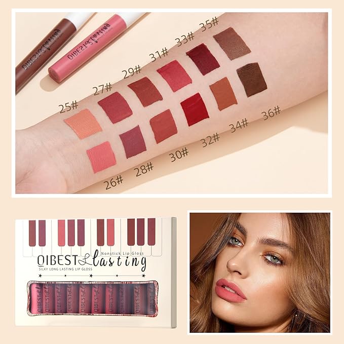 12Pcs Nude Matte Liquid Lipstick Set, Waterproof Long Lasting Non-Stick Cup Nude Brown Dark Red Lipstick 24 Hour Matte Lipstick Professional Lip Gloss Makeup Valentine's Day Gifts for Women (Set C)