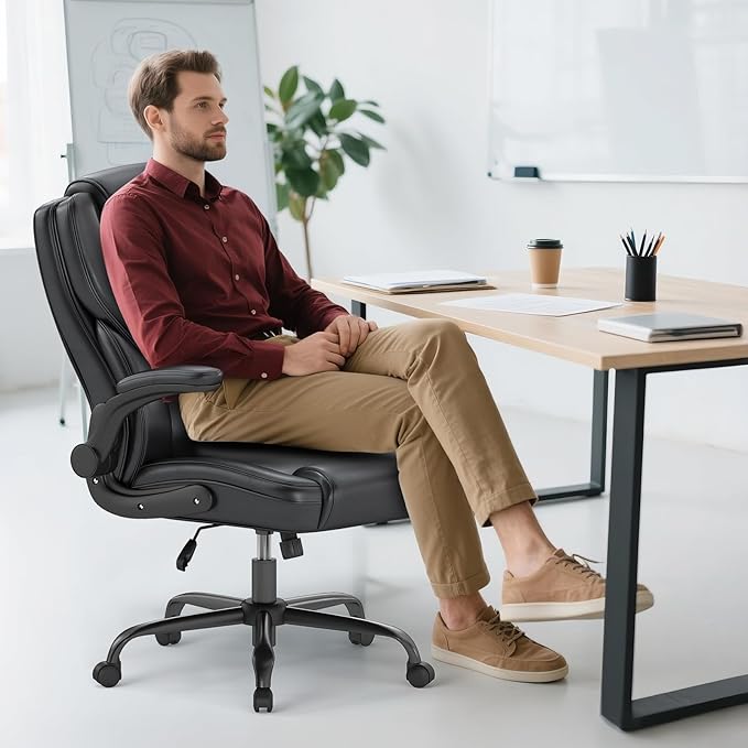 AnyGod Executive Office Chair, Comfy Ergonomic Computer Desk Chairs with Flip-up Armrests, Lumbar Support, High Back, 360° Swivel and Rocking Function for Home Office,PU Black