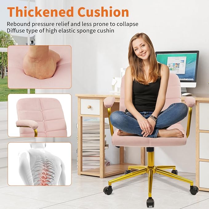 CLATINA Velvet Office Desk Chair with Armrests and Wheels, Modern Upholstered Vanity Chairs with Gold Base, Height Adjustabe Swivel Home Task Chair for Bedroom, Study, Living Room, Work, Pink