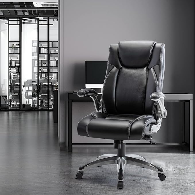 Executive Office Ergonomic Chair with Thick Bonded Leather, Flip-up Armrests, High Back Adjustable Height and Tilt for Working, Study, Gaming