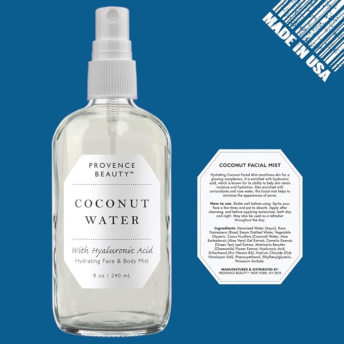 BEAUTE DE PROVENCE | Face & Body Mist Spray - Hydrating Coconut Water With Moisturizing Hyaluronic Acid | Instant Cooling, Conditoning, Hydrating | 8 FL OZ