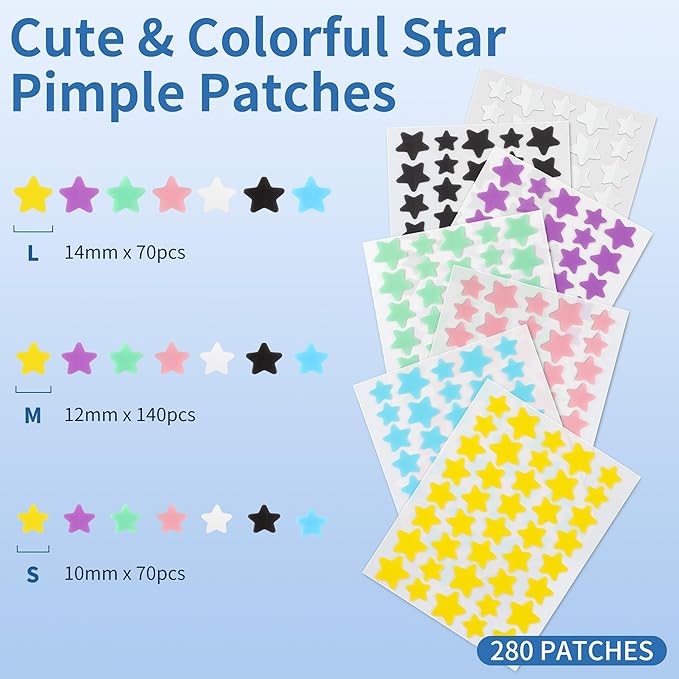 Pimple Patches for Face, 3 Size 280 Counts Hydrocolloid Acne Patches, Cute Star Pimple Stickers with Salicylic Acid, Tea Tree Oil & Calendula Oil, for Covering Zits and Blemishes