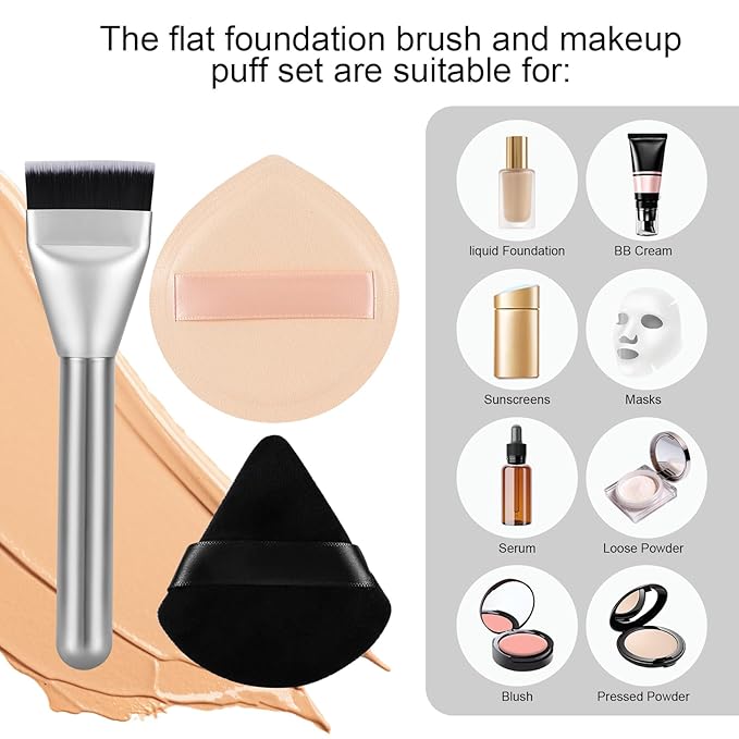Flat Foundation Brush and Powder Puff Set, Korean Makeup Brush Teardrop Sponge for Liquid Foundation,Premium Face Makeup Brush Sponge for Blending Cream Setting Powder