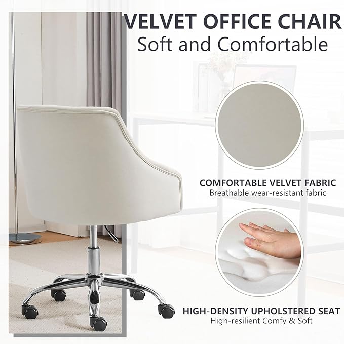 MOJAY Velvet Office Swivel Chair, Vanity Fabric Desk Pretty Fancy Gold Office Chairs for Girls, 360°Swivel Height Adjustable Reception Chair (White)