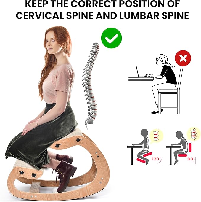 Easyego Kneeling Chair Ergonomic Posture Chair, Wood Adjustable Rocking Knee with Soft Padding, Natural Relief for Neck or Back Pain for Home Office, Max Load 300 lb - Beige