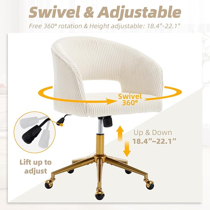 ABET Desk Chair with Wheels, Corduroy Home Office Chair, Swivel Armchair Gold Base, Upholstered Modern Accent Chairs, Back Incline Adjustable for Living Room Bedroom Vanity, Beige