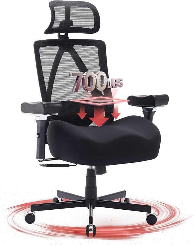 Big and Tall Office Chair 700lbs, Ergonomic Desk Chair with W Wide Thick Cushion, Executive Mesh Office Chair with Adjustable Headrest, Lumbar, 4D Armrest, Computer Task Chairs for Heavy People, Black