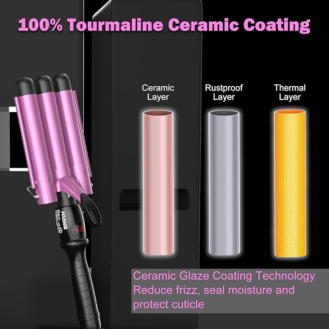 kuwa 15 Variable Temperature Crimper Hair Tool,3 Barrel Curling Iron,Hair Crimper for Women,WaverHair Tool,Hair Waver with LCD Temperature Display