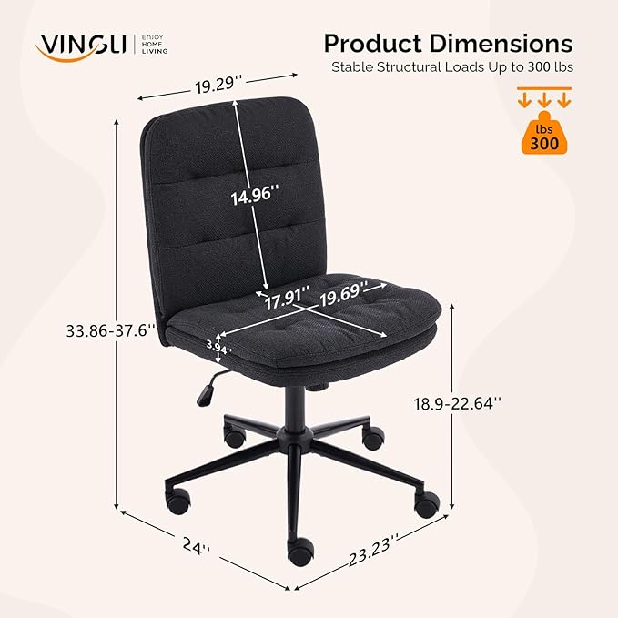 VINGLI Mid Back Armless Office Desk Chair with Wheels/no Wheels,360°Rocking Swivel Vanity Chair with Thickened Cushion,Adjustable Height Rolling for Reading Room, Make up, Linen Black