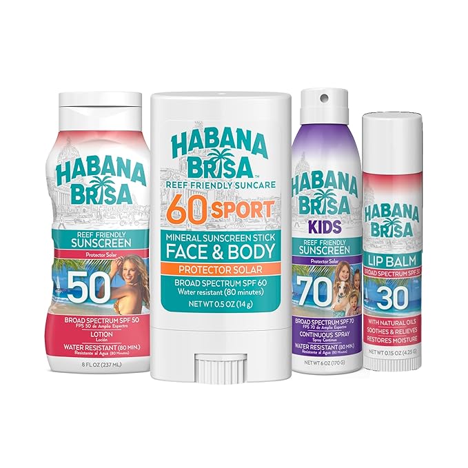 Habana Brisa Family Sunscreen Bundle - Reef-Friendly, Broad Spectrum Protection SPF 30, 50, 60 & 70 for Kids & Adults, Water-Resistant, Vegan, Non-GMO, Lip Balm Mineral Face Stick, Spray &Lotion