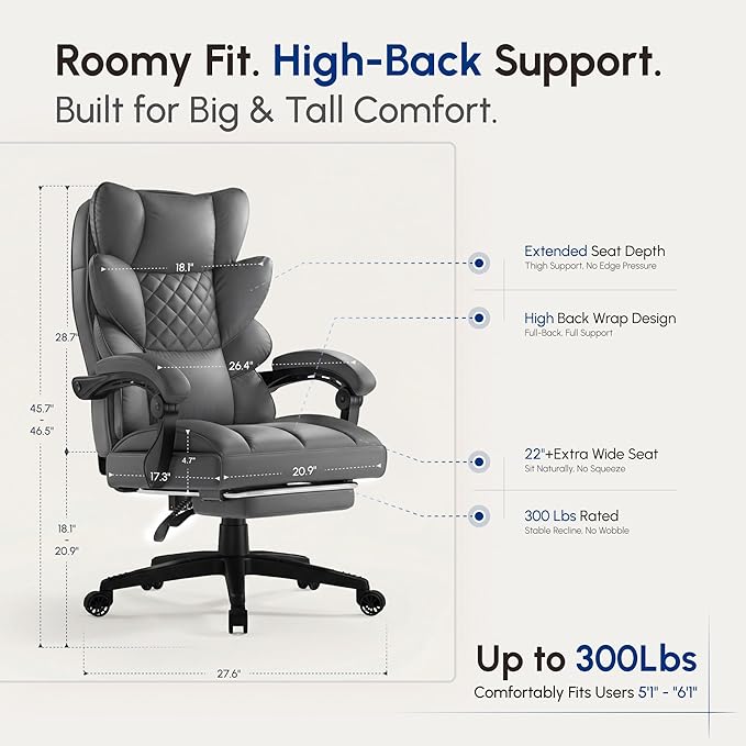Dowinx Big and Tall Office Chair with Pocket Spring Cushion,High Back Computer Gaming Chairs with Linkage Armrests,Executive Desk Chairs with Footrest,PU Leather-Grey