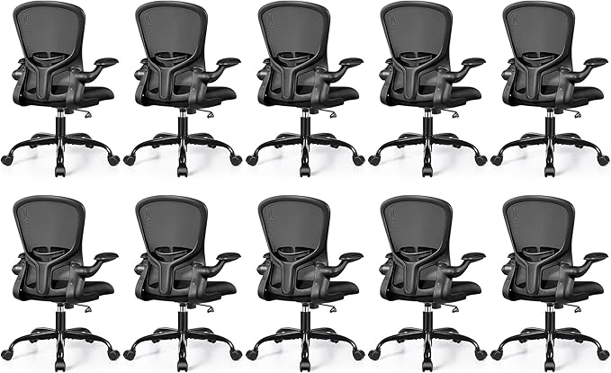 FelixKing Office Desk Chairs, Ergonomic PC Desk Chair with Wheels, Adjustable Lumbar Support and Height, Swivel Computer Chair with Flip-up Armrests, Ergo Mesh Backrest for Working (Black, Pack of 10)