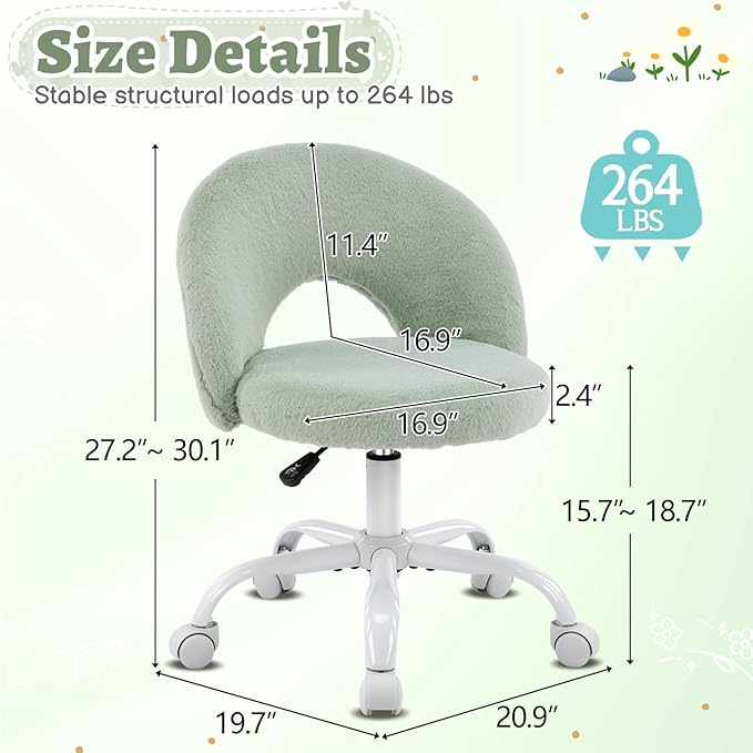 VINGLI Small Vanity Chair with Faux Fur Wheels for Girls,Cute Adjustable Height Armless Office Desk Chair,360°Swivel Comfy Rolling for Study,Make up Room,Small Space,Mint Green