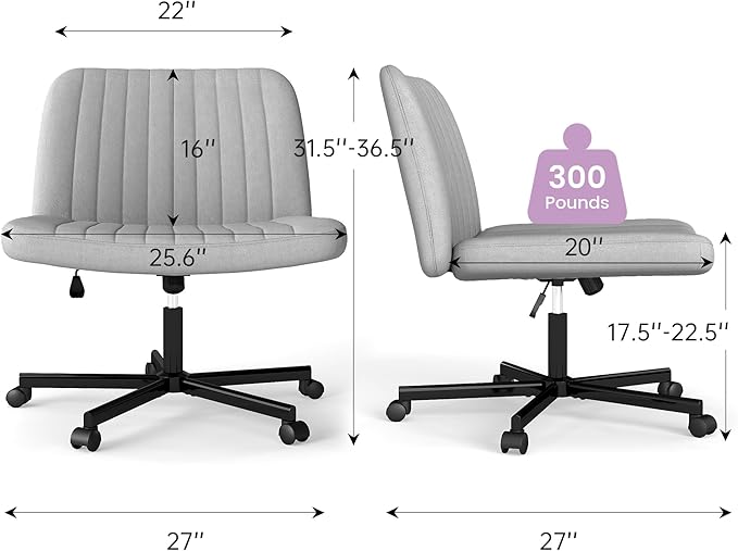 Criss Cross Chair, Extra Wide Armless Rolling Office Desk Chair with Wheels, Plus Size Viral Vanity Legged Chair, Bedroom, Grey