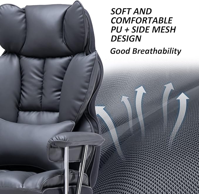 Efomao Big and Tall Office Chair 400lbs – PU Leather Executive Office Chair with Lumbar Support & Leg Rest, Heavy-Duty Computer Chair for Home Office, Dark Grey