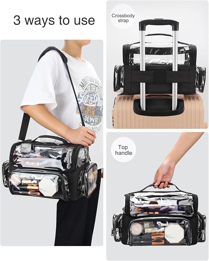 TANTO Makeup Brush Case, Clear Extra Large Cosmetic Organizer Holder Professional Makeup Artist Train Case with Adjustable Dividers&Strap Portable Makeup Brush Holder (02A-Black（XX Large）)