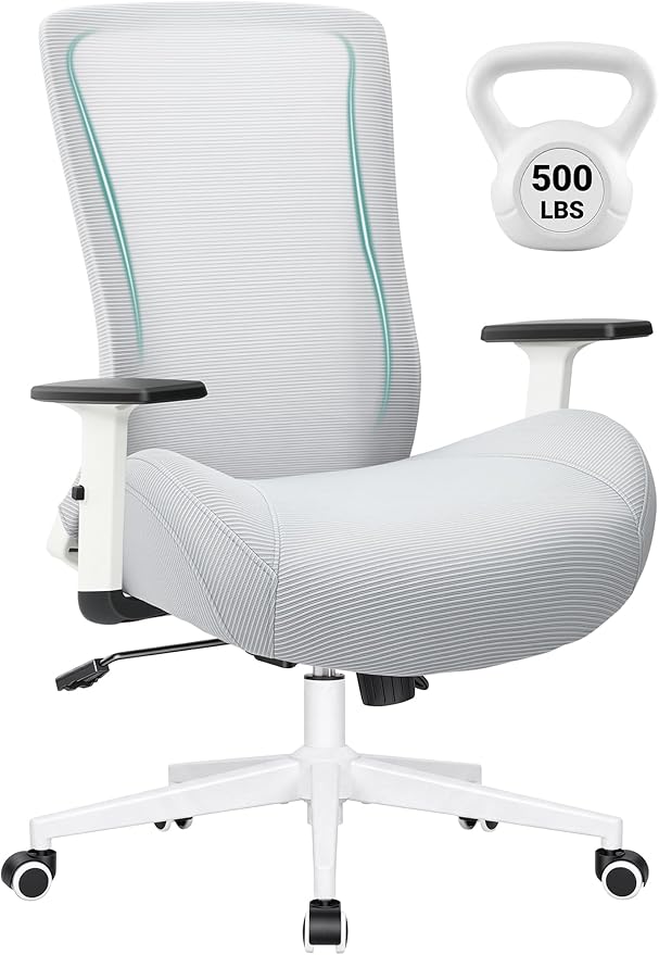 Big and Tall Home Office Desk Chair 500lb Capacity for Heavy People, Ergonomic Wide Mesh Desk Chair with Stepless Recline & Lock, 5.5" Thick Cushion, High Back, Adjustable Height & Armrests