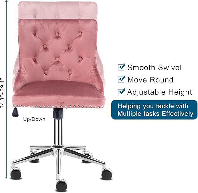 VINGLI Velvet Office Chair - Modern Upholstered Desk Chair with Adjustable Height, Tilting Mechanism, and Rolling Wheels - Pink