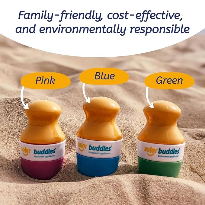 Solar Buddies Sunscreen Applicator - Blue Pack of 2 - BPA-Free Refillable Roll on Sponge Sunscreen, Suncream & Lotion Applicator For Kids, Adults & Families - Holds 3.4fl oz, Perfect Size for Travel