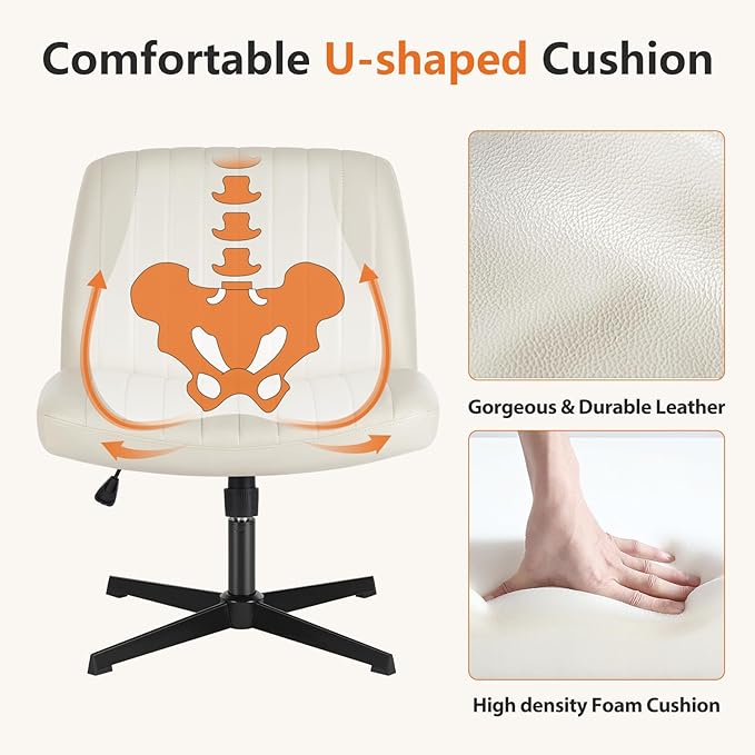 Sweetcrispy Criss Cross Chair Legged, Armless Office Wide Desk Chair No Wheels, PU Leather Swivel Vanity Height Adjustable Fabric Modern Computer Task Seating for Home - Beige